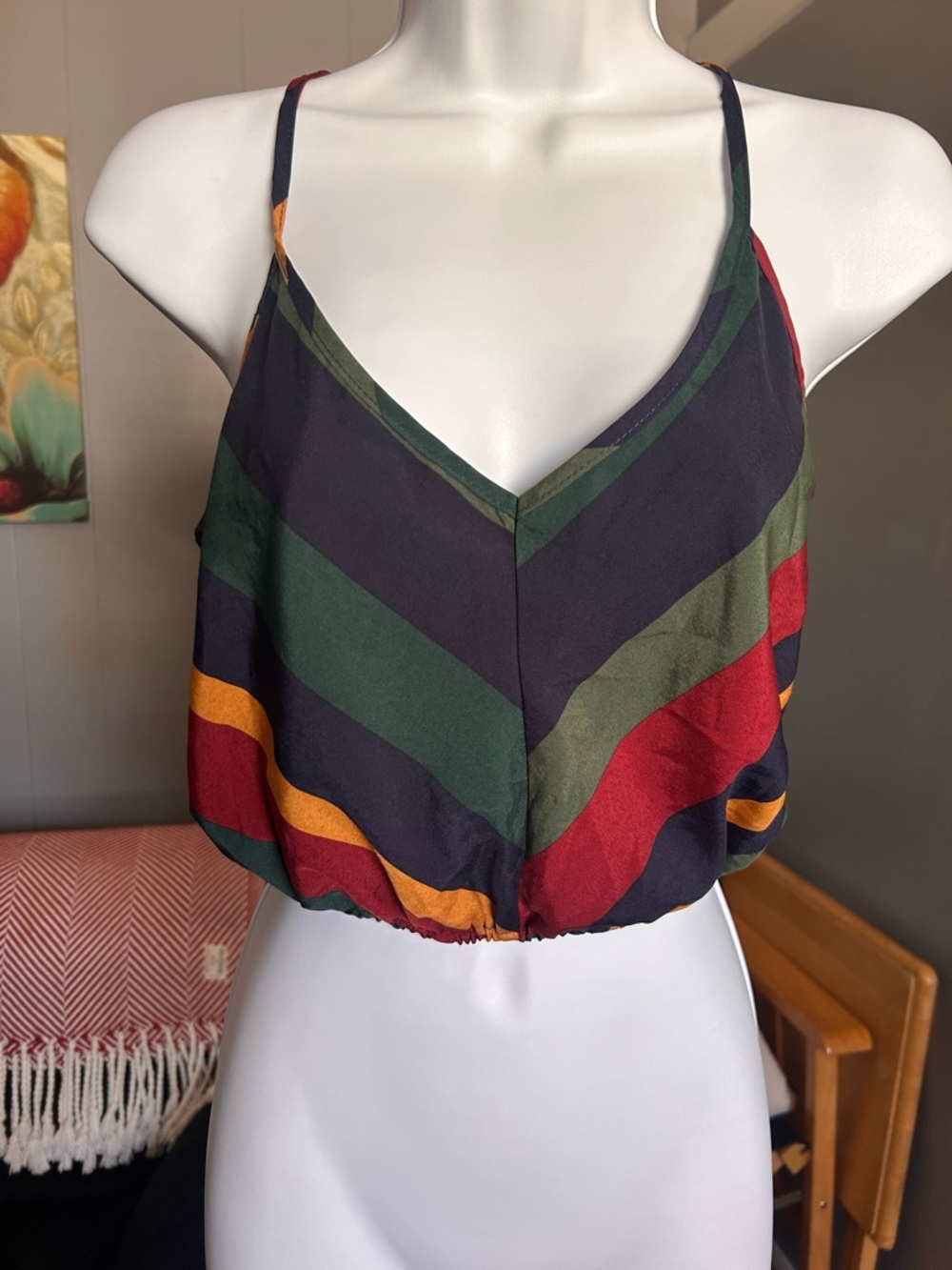 SHEIN Striped V-Neck Cropped Cami in Navy, Green, Red & Mustard